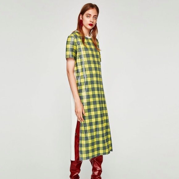 Zara Dresses & Skirts - Zara Yellow and Green Plaid Midi Dress